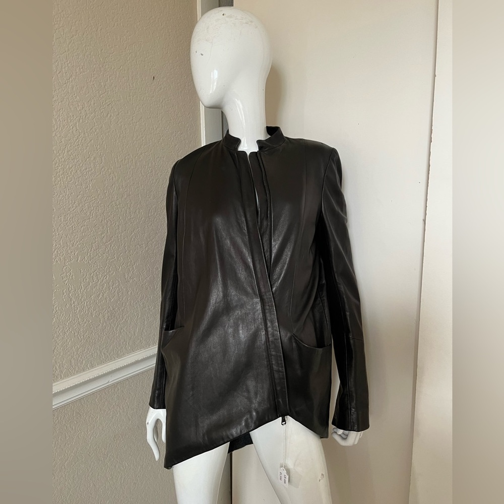 FAD BRAND VINTAGE! Black Leather Asymmetrical Zipper Wool Lined Car Coat Sz M